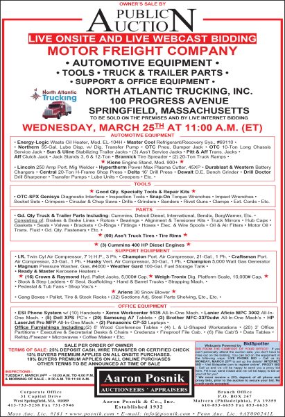 PUBLIC AUCTION – AUTO EQUIP, TOOLS, TRUCK & TRAILER PARTS- March 25th
