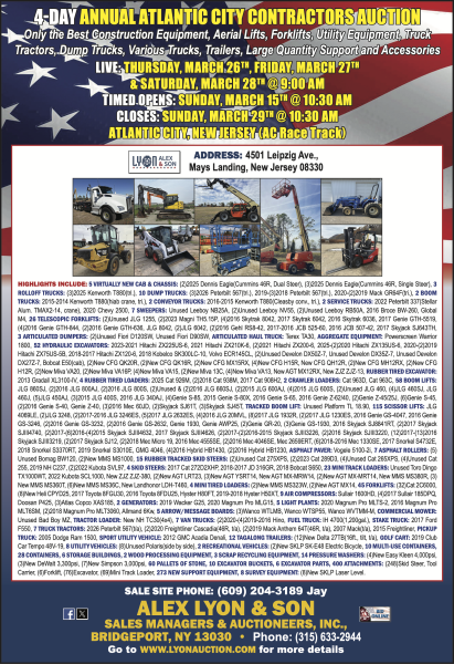 AUCTION. THURSDAY, MARCH 26TH, FRIDAY, MARCH 27TH SATURDAY, MARCH 28TH @ 9:00 AM TIMED OPENS: SUNDAY, MARCH 15TH @ 10:30 AM CLOSES: SUNDAY, MARCH 29TH @ 10:30 AM ATLANTIC CITY, NEW JERSEY (AC Race Track)