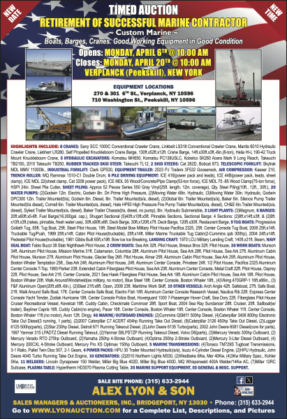 Opens: MONDAY, APRIL 6TH @ 10:00 AM Closes: MONDAY, APRIL 20TH @ 10:00 AM, VERPLANCK (Peekskill), NEW YORK