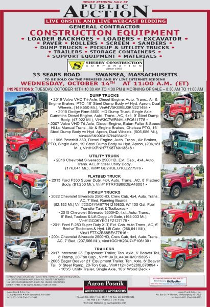 PUBLIC AUCTION – Construction Equipment, Dump Trucks, Pickups, Trailers & More! OCT. 14TH
